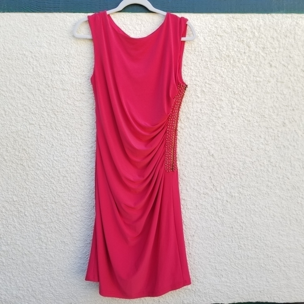 Adrianna Papell coral pink cocktail dress ruched with side beading size 14
